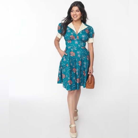 Unique Vintage Teal & Red Floral Chain Print Retro Swing Dress Size M - Picture 1 of 16